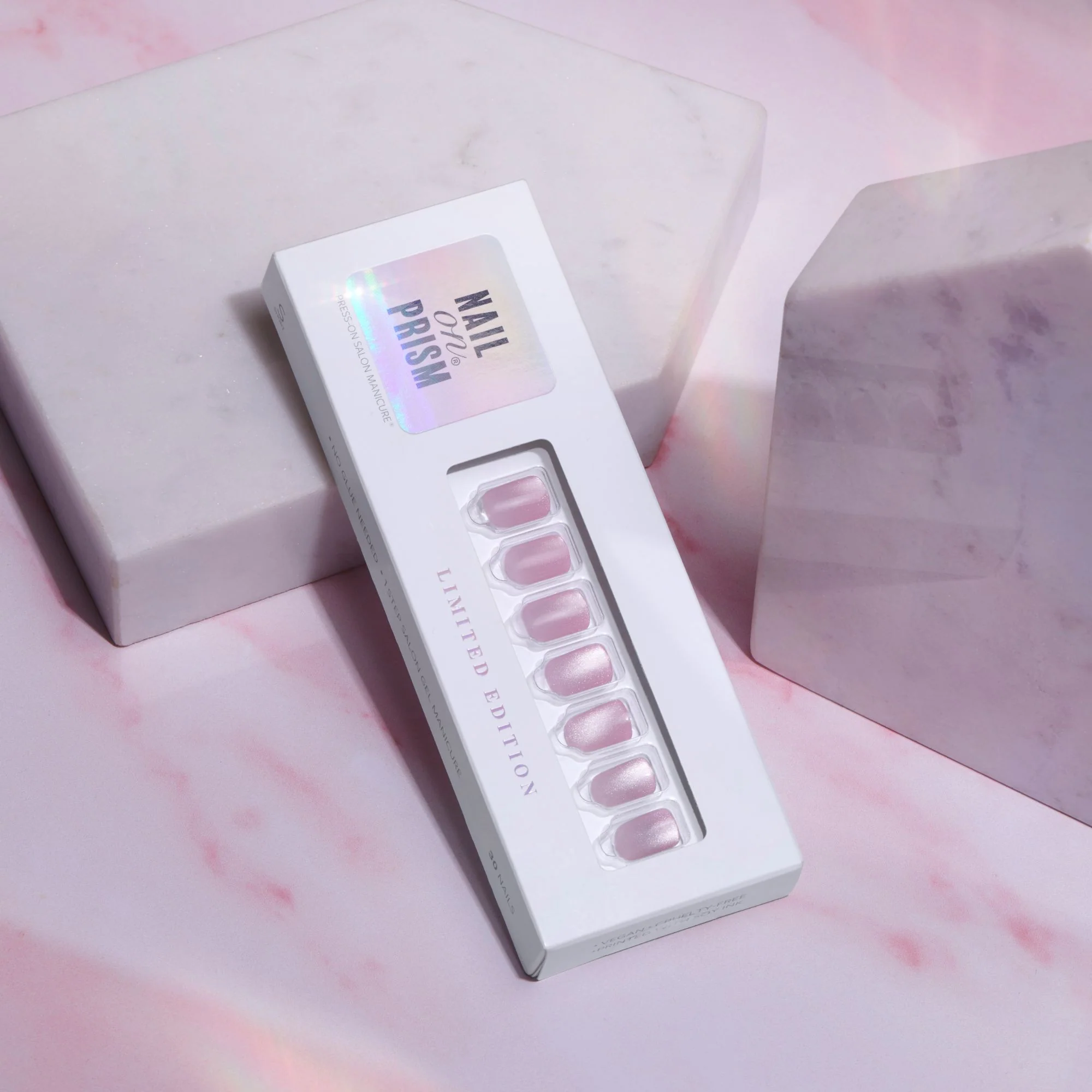Pink Glamour - Short Squoval Cat Eye Prism Nail On Press On Manicure IE - Image 2